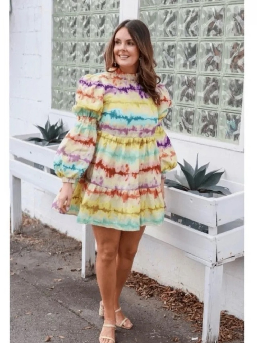 Elliatt Multicolor Tie-Dye Mini Smock Dress in Yellow, Purple, Blue